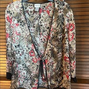 Chico's Cream Metallic Floral Tie-Front sheer  with Black & Red Accents